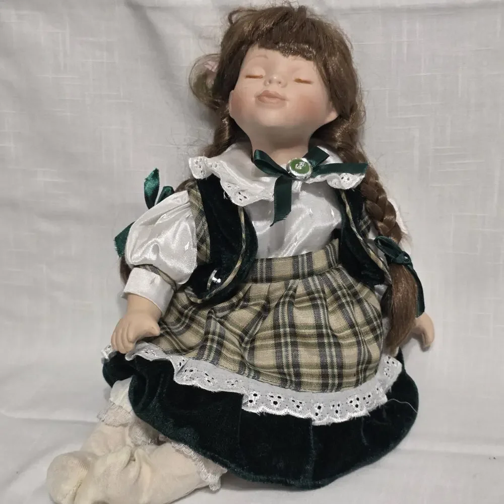 Vintage Collectible Porcelain Twin Dolls in Plaid and Blue Velvet Outfits